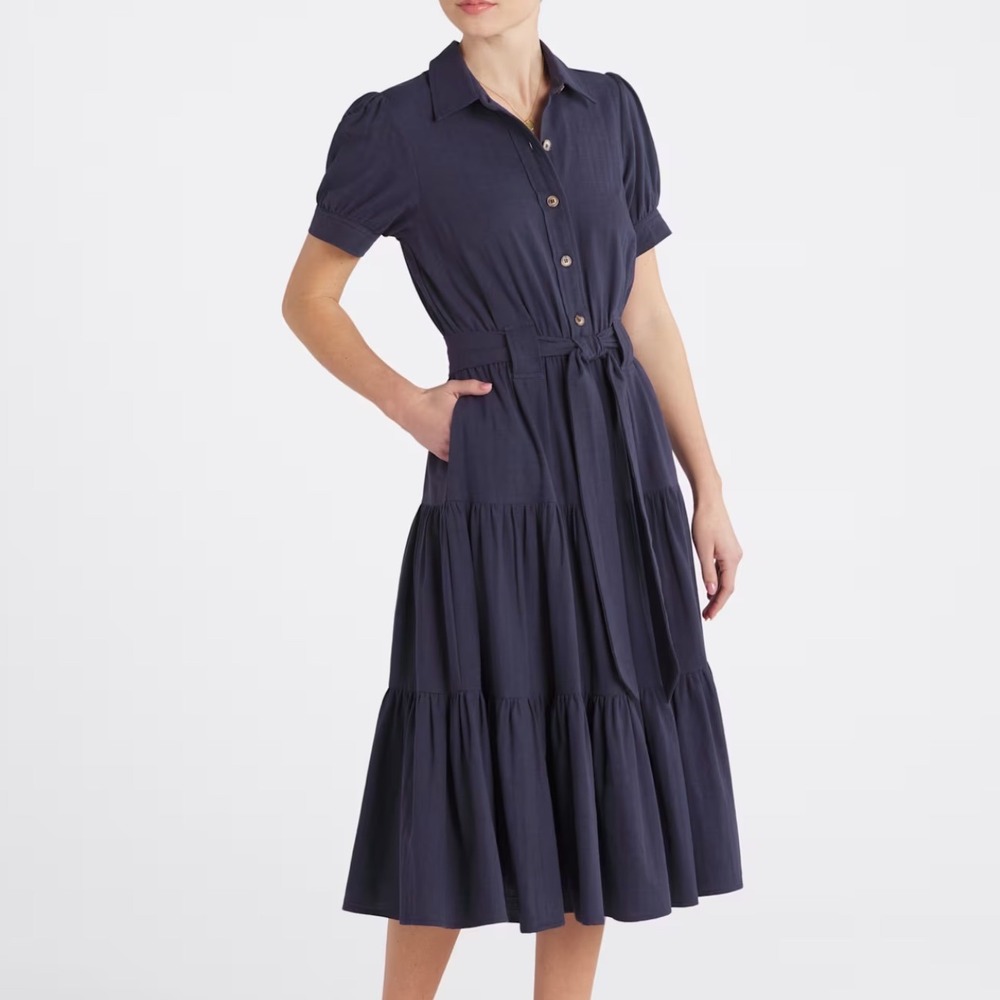 Kaileigh Naurela Puff Sleeve Shirt Dress Navy Blue Belted Midi M‎ New W/ Tags